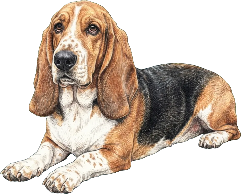 Ilustración a lápiz de colores del Basset Hound