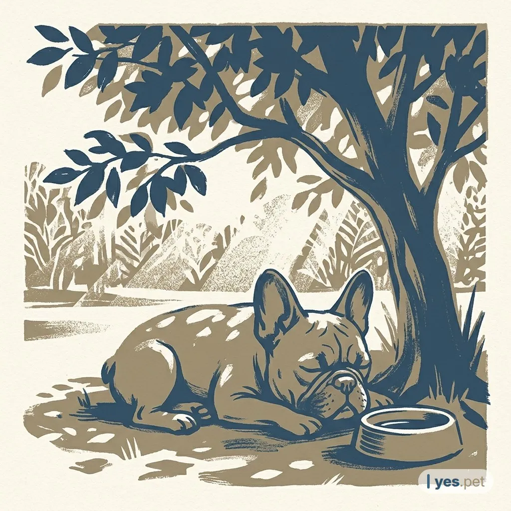 Illustration: a French bulldog rests in tree shade beside a water bowl