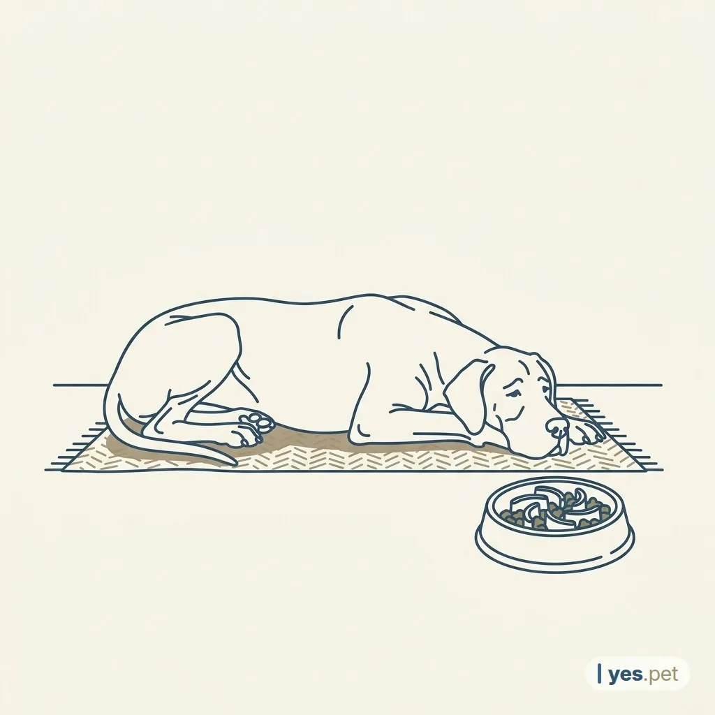 Illustration: a dog rests calmly on a rug beside a slow-feeder bowl