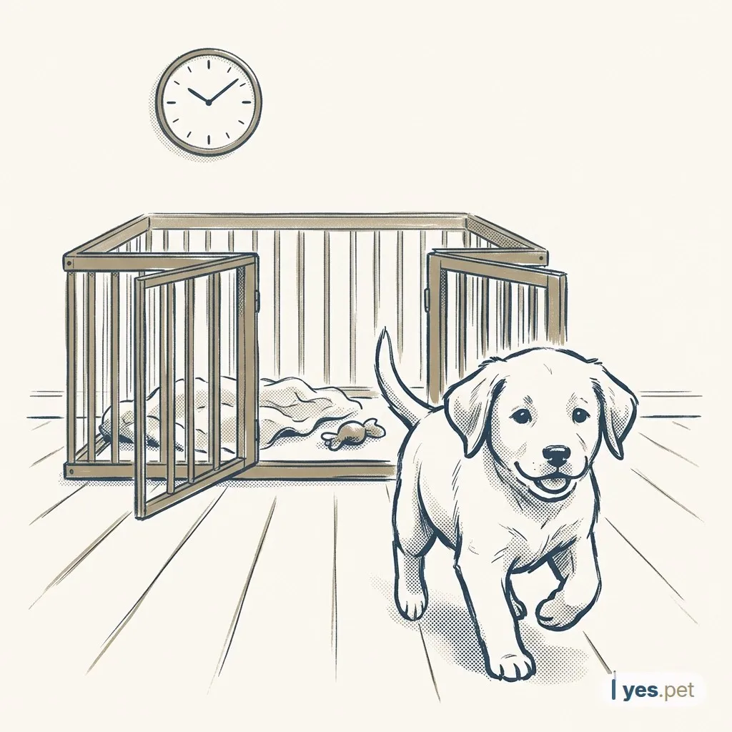 Illustration: a puppy walks out through the open gate of a low wooden playpen, a blanket and a toy left behind inside