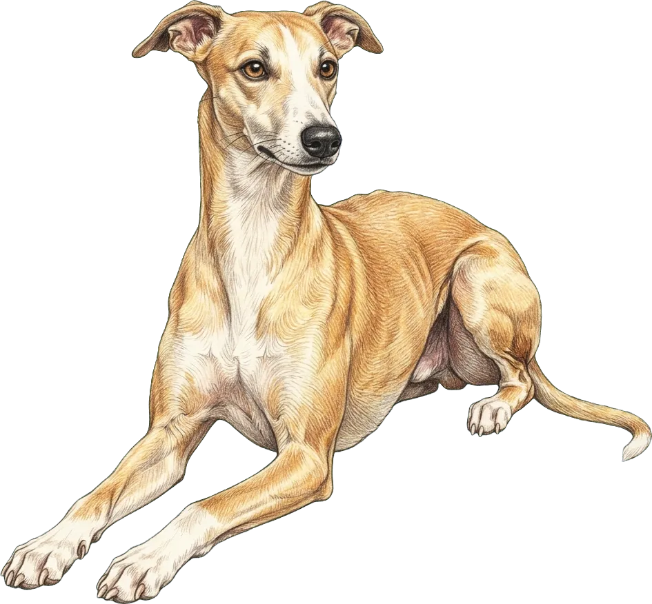 Ilustración a lápiz de colores del Whippet
