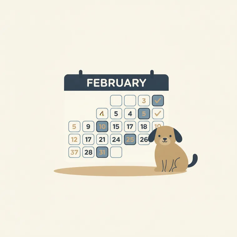 Illustration of a printable monthly feeding calendar with checkmarks and a dog