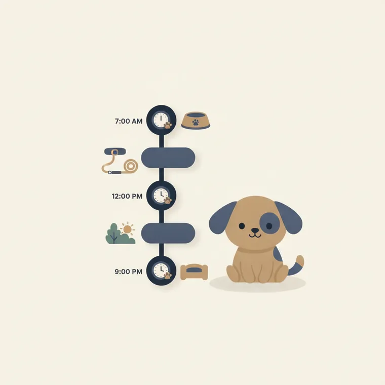 Illustration of a daily puppy potty-break schedule with clock icons and a puppy